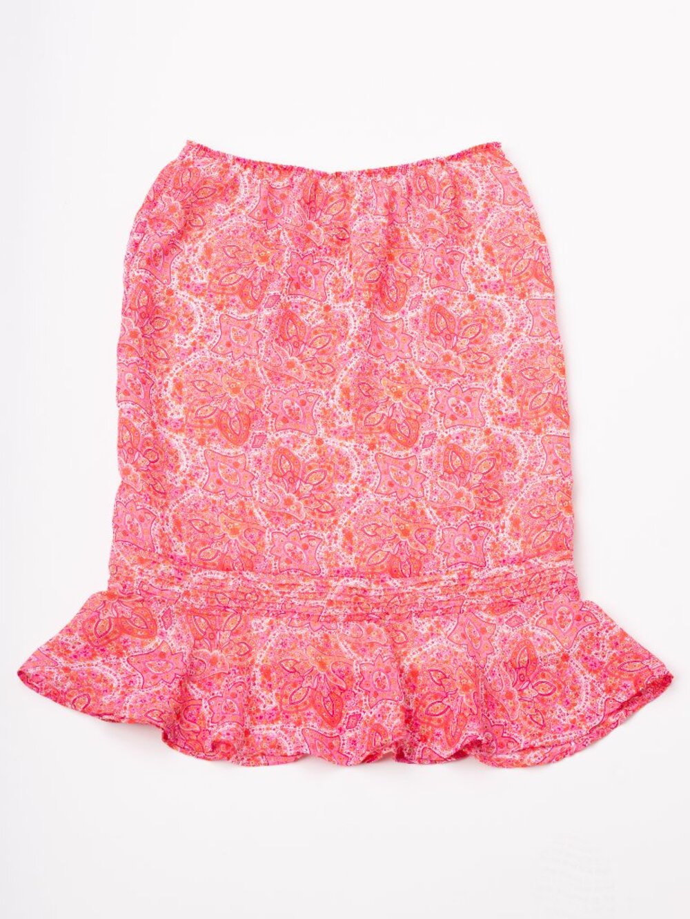VINTAGE Y2K Pink & Orange Paisley Ruffle Midi Skirt Boho Coquette Medium